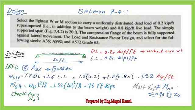Solved problem 7-4-1 for the design of a steel beam.