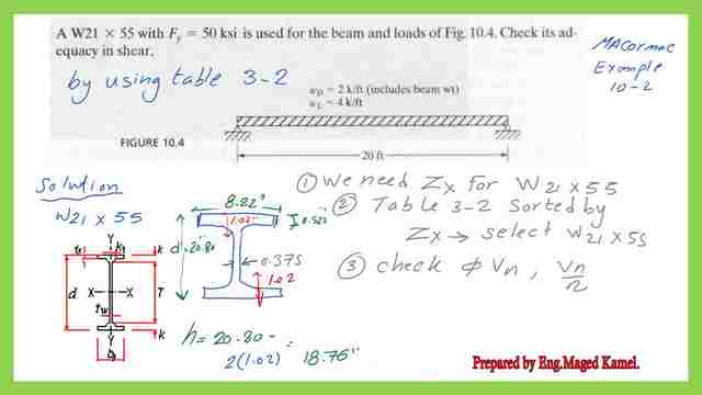 A solved problem 2-10 use table 3-2 for shear adequacy.