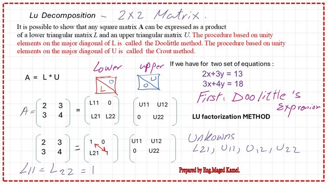 Lu decomposition method for 2x2 matrix-using Doolittle's method.