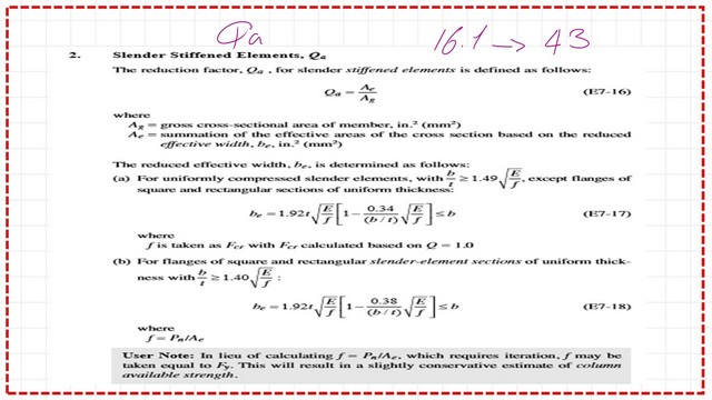 The code provision for Slender stiffened elements QA.