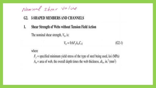 Nominal shear value formula for steel beams.