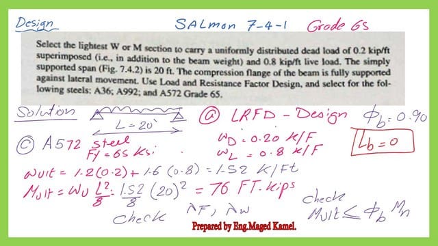 Solved problem-7-4-1-part 2, The ultimate load for steel beam grade 65.