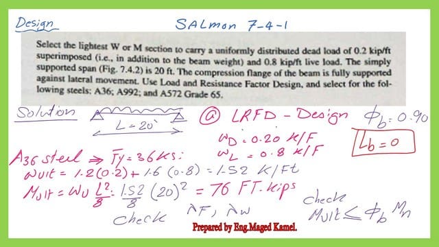 Solved problem 7-4-1 for the design of a steel beam.