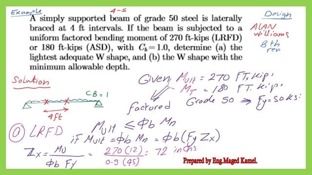 Solved problem 4-5, it is required to determine the lightest W section.