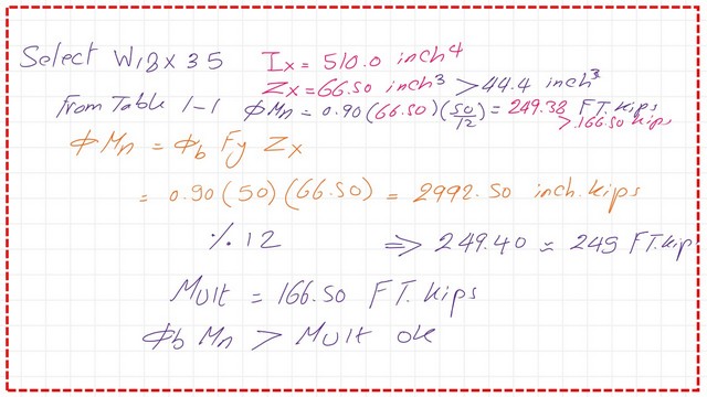 page 7- post 24b-steel beam. The calulation of teh nominal design strength of the selected section.
