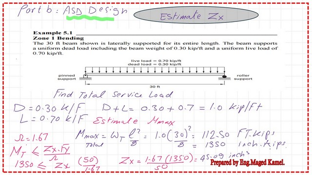 page 8- post 24b-steel beam. Estimate the required Zx for beam based on ASD design.