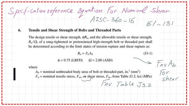 Slide3b-post 5-bearing AISC 360-16 for Nominal shear equation J3.1
