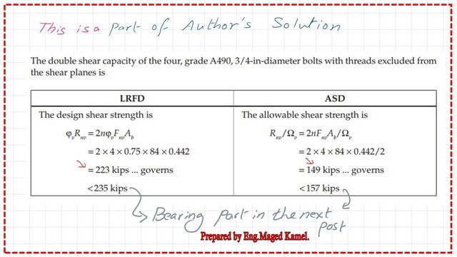 Slide9-post 5-bearing Part 1- of the author's solution for the nominal shear stress for bolts.