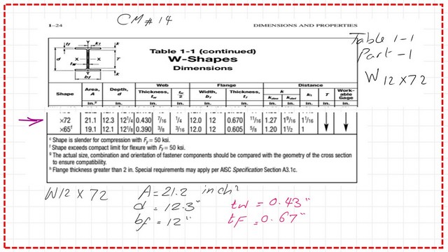 Pict 4-post 12- compression use Table 1-1 part 1- to get the area, flange and web data.